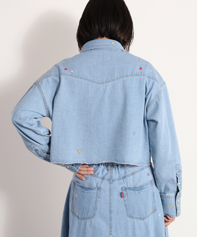 【まとめ割対象】刺繡入りデニムショートシャツ